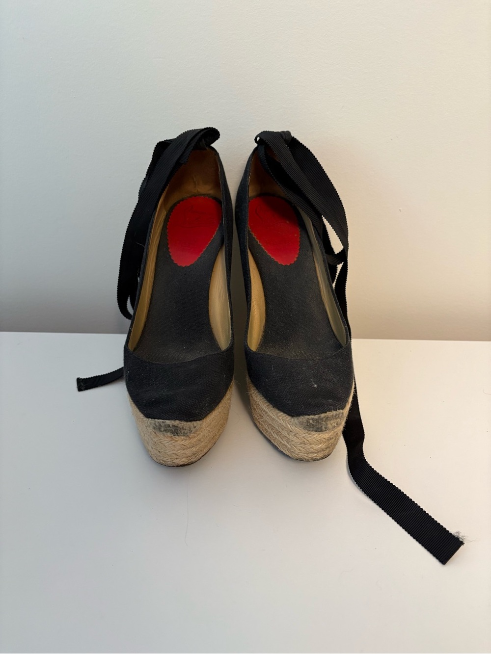 Christian Louboutin Black Canvas Espadrille Wedge Sandals with Ankle Ties
